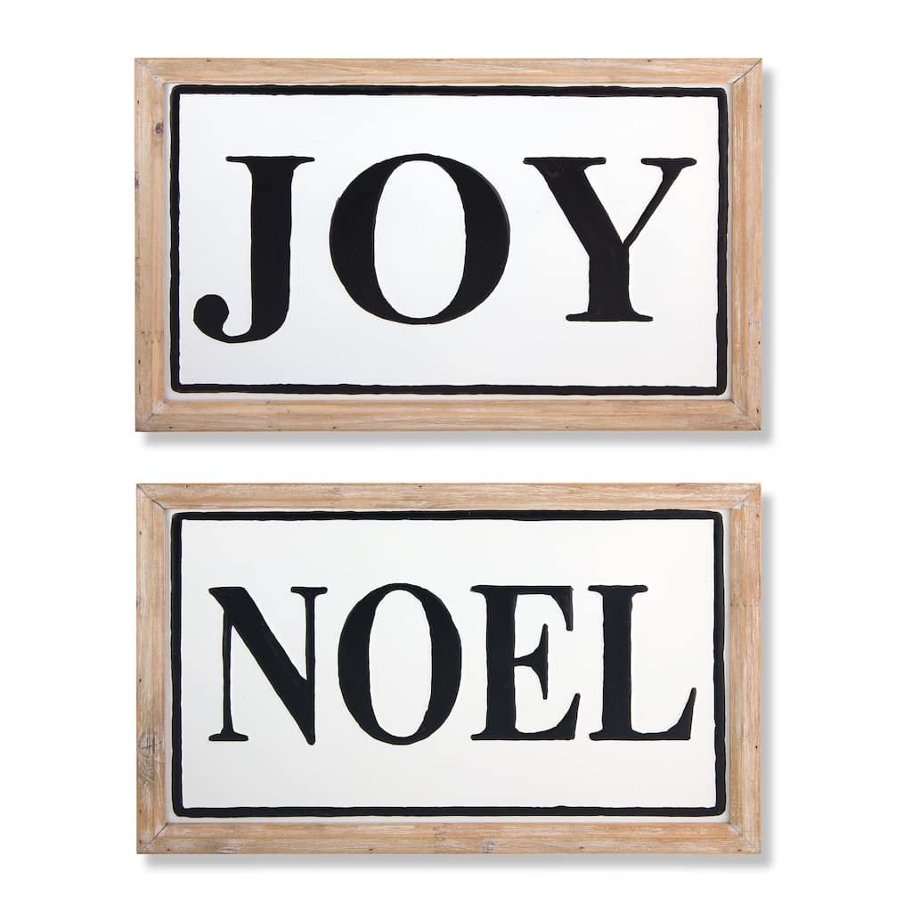 "Noel" and "Joy" Christmas Wall Signs 16.75" Brown and White Set of 2