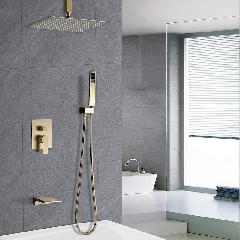 12 Inch Shower System With Waterfall Tub Spout and Handheld Sprayer Rain Ceiling Mount Tub Shower Faucet Set With Rough-in Valve - Brushed Gold
