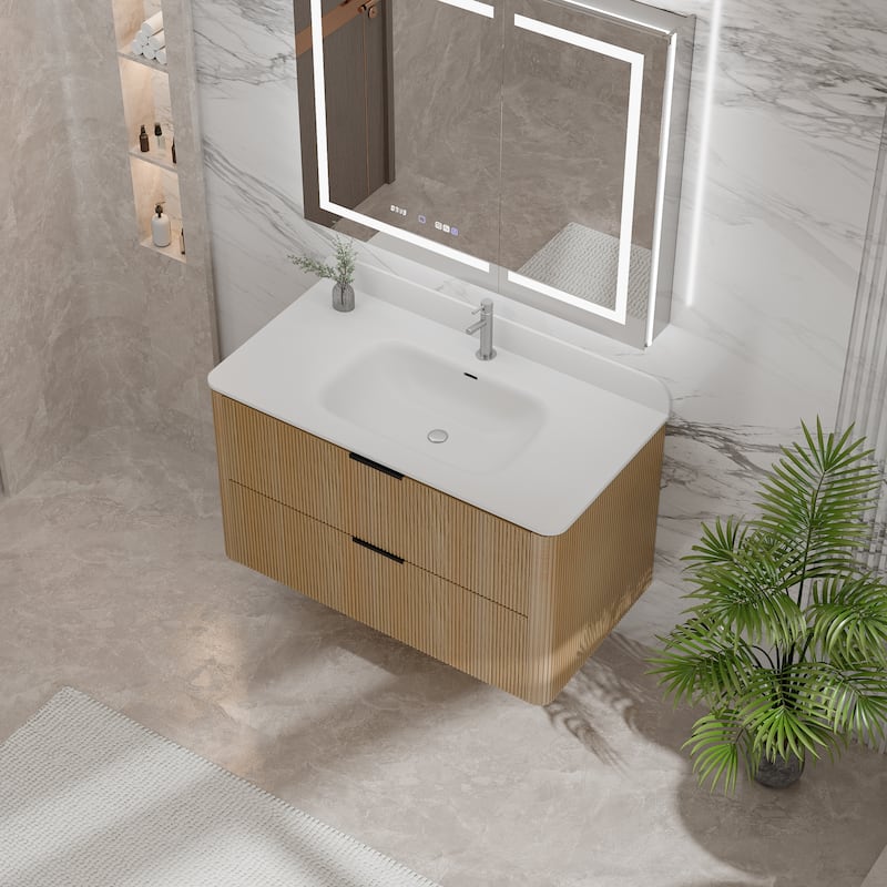 Modland Fluted Floating Vanity with Sink, Plywood Wall Mount Cabinet, Curved Edge, 24/30/36 Inch