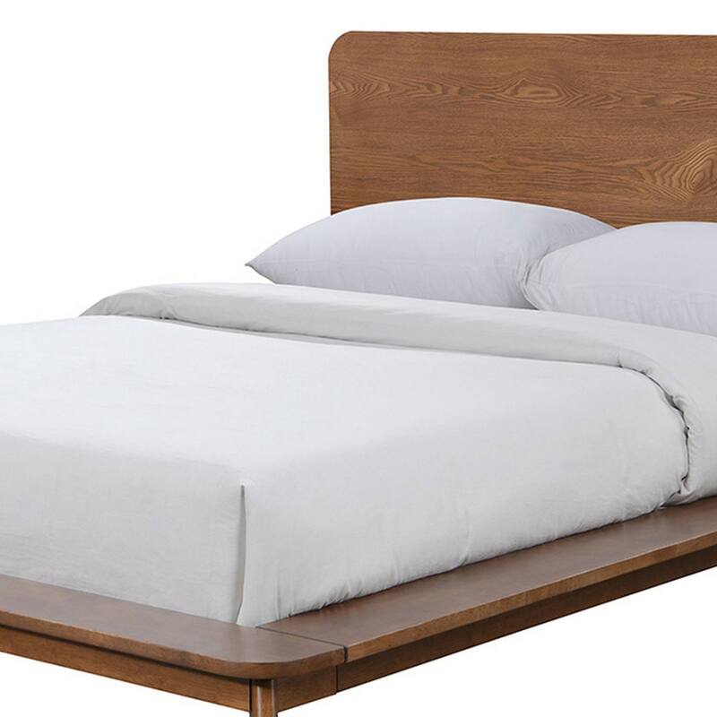 Stacy Queen Size Platform Bed, Panel Headboard, Walnut Brown Solid Wood