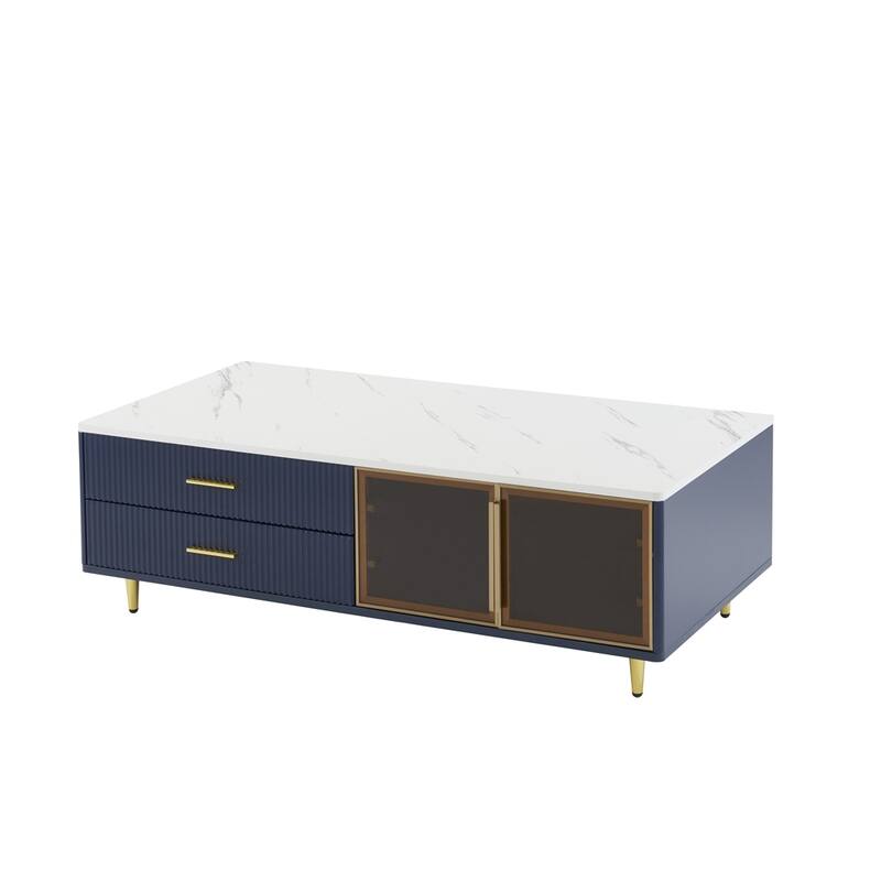 Coffee Table with 2 Glass Door, 4 Drawers and Gold Metal Legs