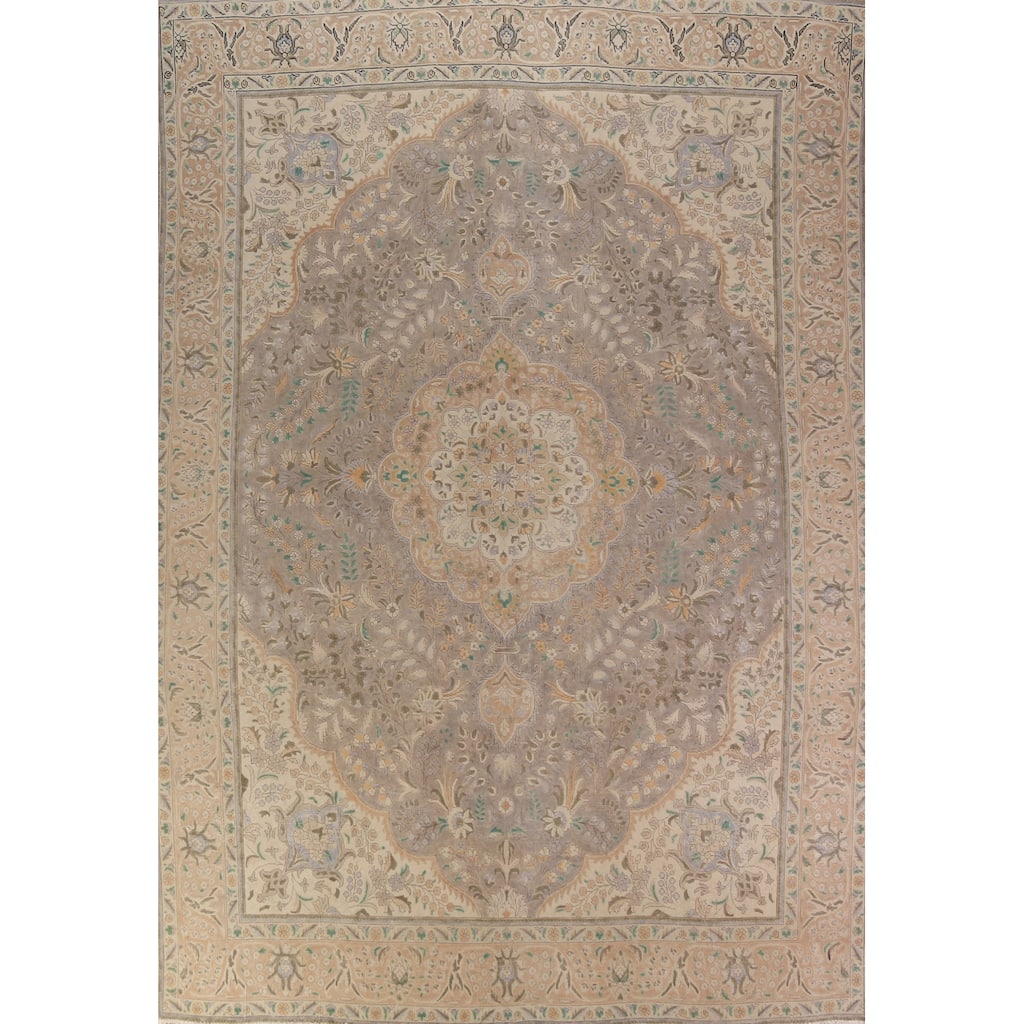 Floral Grey Tabriz Persian Vintage Rug Hand-Knotted Wool Carpet - 9'7" x 12'4"