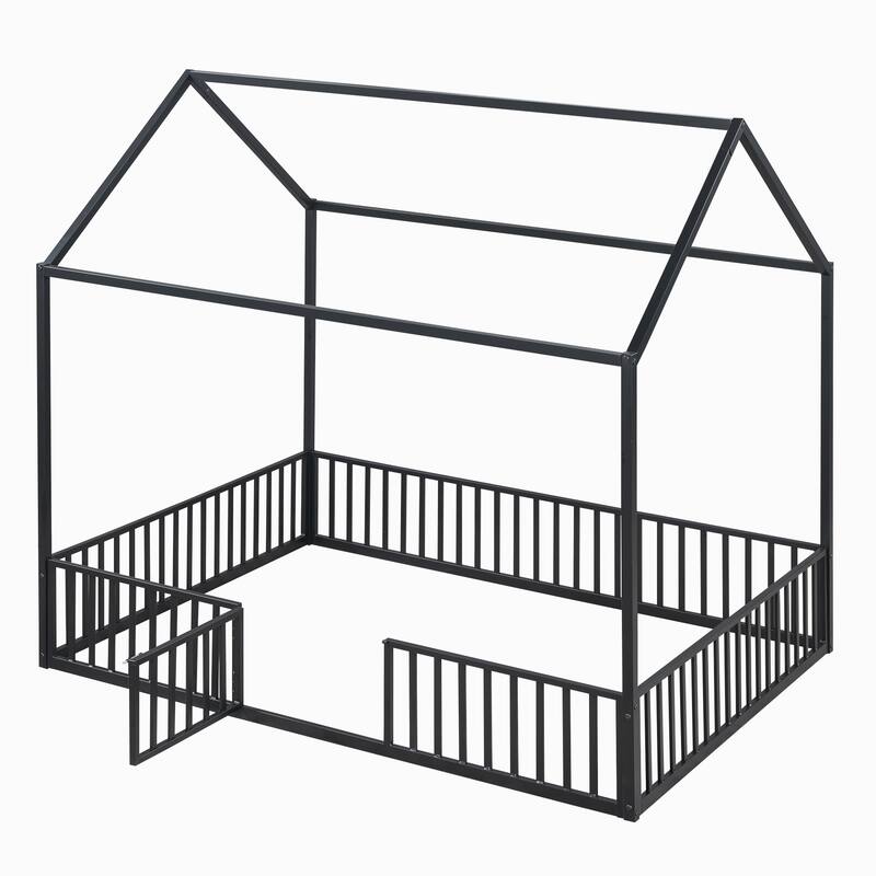 Creative House Design Twin/Full Size Metal Bed with Guardrails and Playful Fence - Ideal for Kids' Bedroom