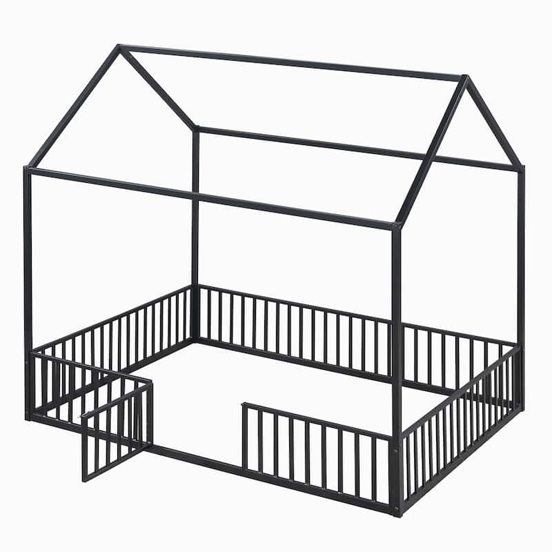 Full Size Metal House Bed with Fence, Roof & Door