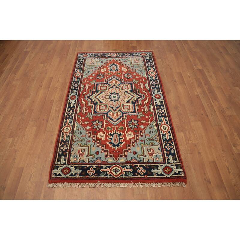 Hand Knotted Oriental 100% Wool Carpet Traditional Medallion Oranges & Rust Heriz (serapi) Area Rug - 5' 1'' X 3' 0''
