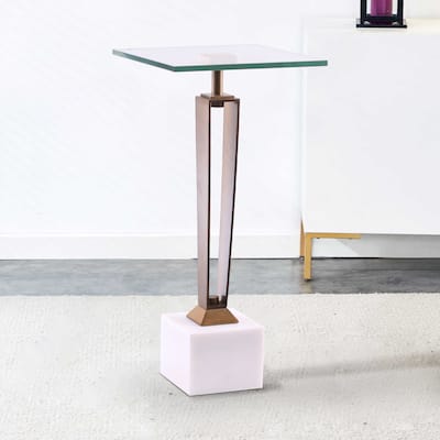 11" Brushed Brass Square Glass Marble Pedestal End Table
