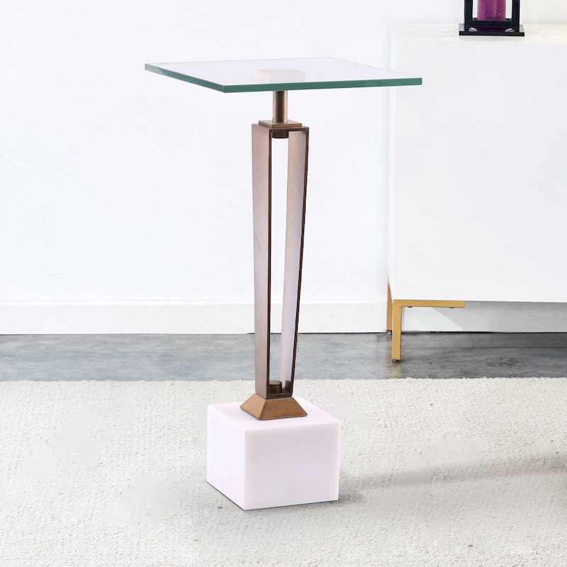 Antique Brass Square Glass Marble Pedestal Table Sofa Side Table