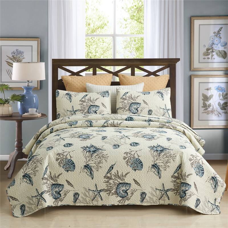3-piece Striped Quilt Set Reversible Coverlets Bedding Set - Beach Shell - Queen