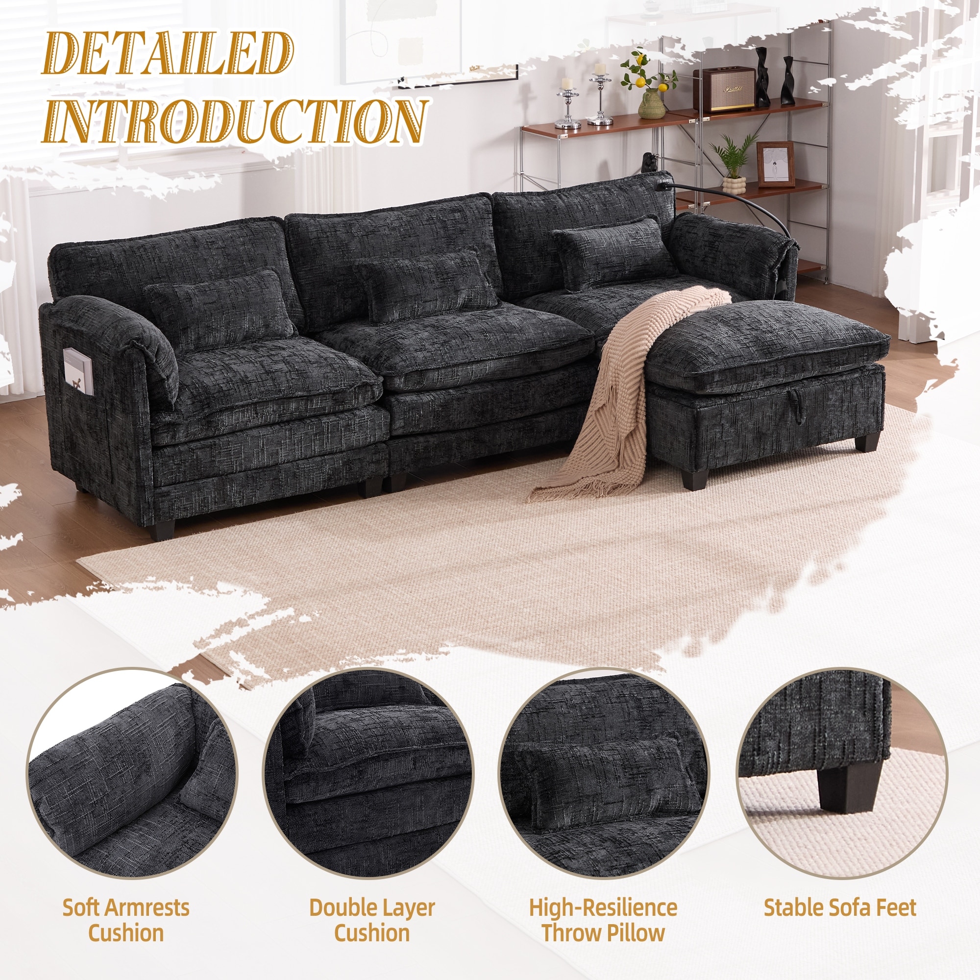 Oversized Cloud Sectional Sofa Chenille Modular Sofa Sleeper with Storage Ottoman, Phone Holder and USB Charging Port
