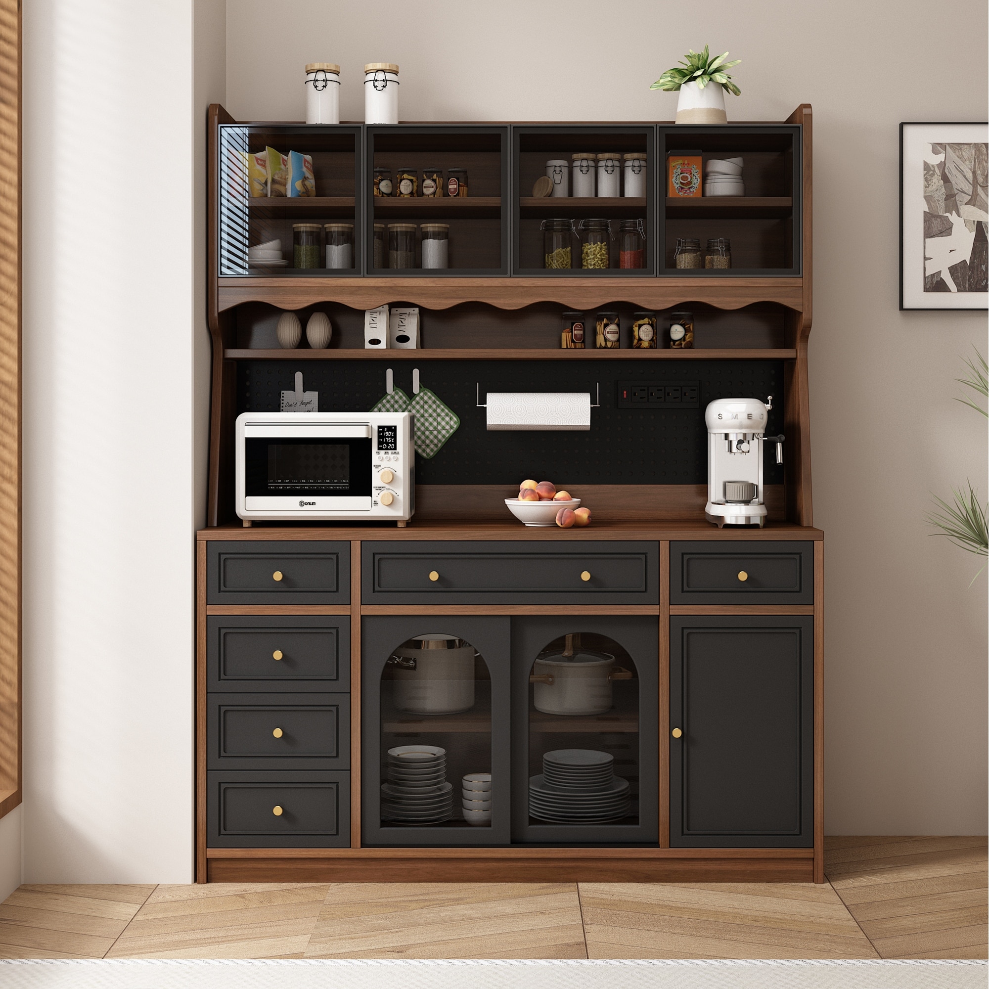 Freestanding 63"W Buffet Storage Cabinet with Hutch,Large Coffee Bar with 6 Drawers,4 Cabinets with Adjustable Shelves