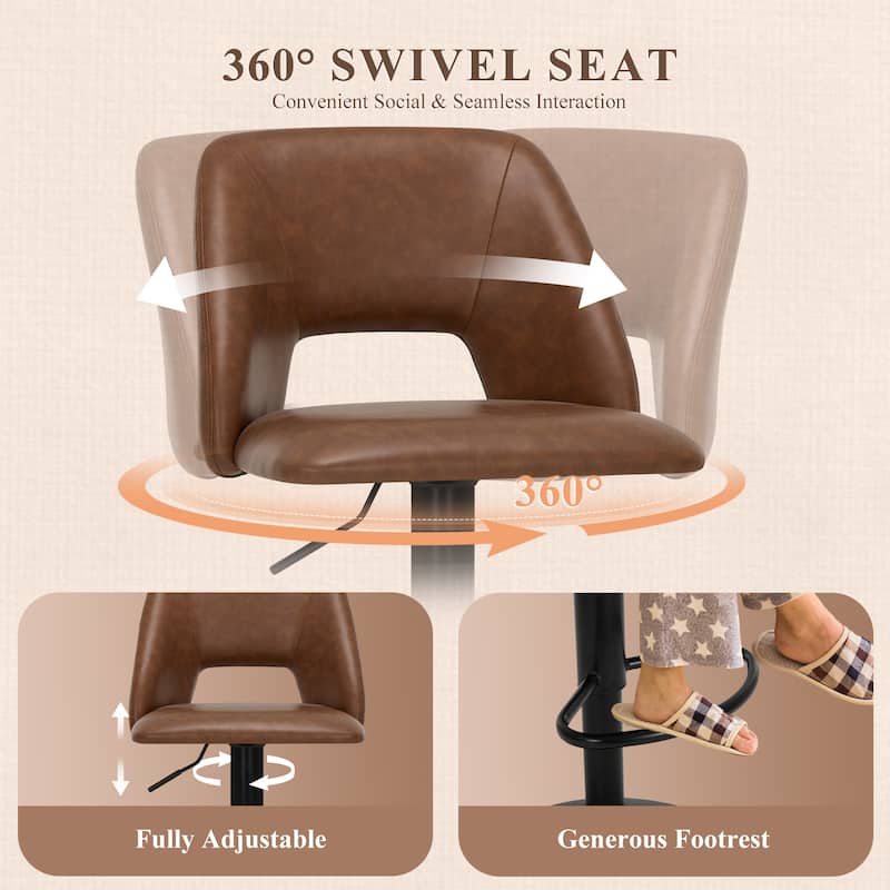 Set of 2 Adjustable Swivel Bar Stool - PU Leather Counter Height Stool with Square Open Back for Kitchen Island