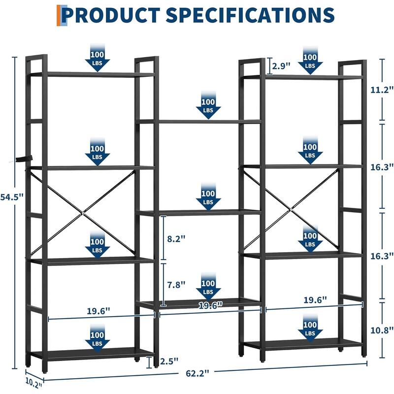 Triple Column 4-Tier Bookshelf, Bookcase with 11 Open Storage Display Shelves