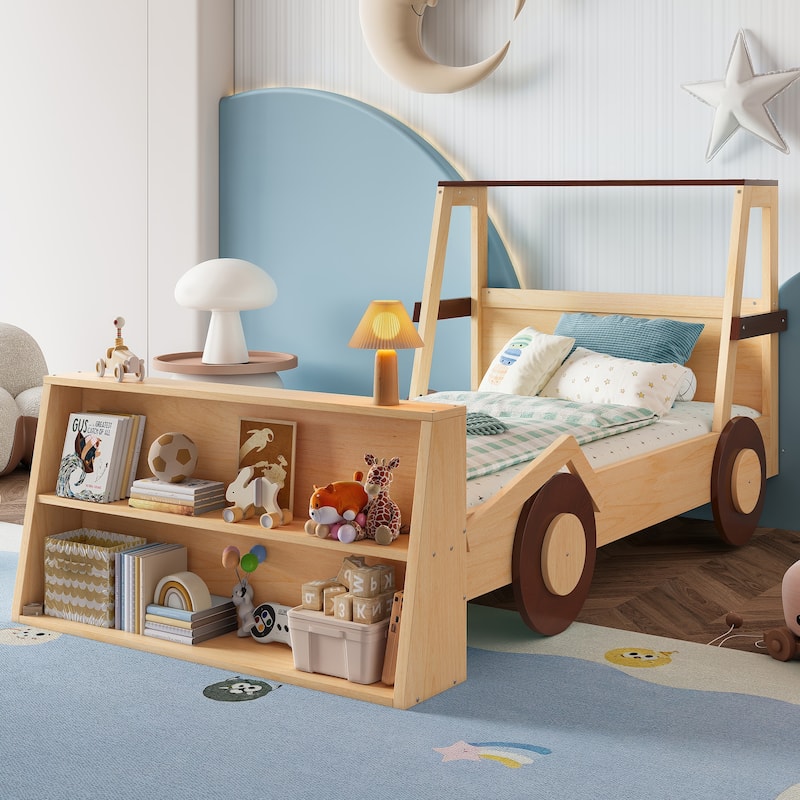 Low Platform Bed for Kids Car-shaped Bed Frame with Front Storage Shelves, Headboards and Wheels, No Box Spring Needed - Natural+Brown - Twin