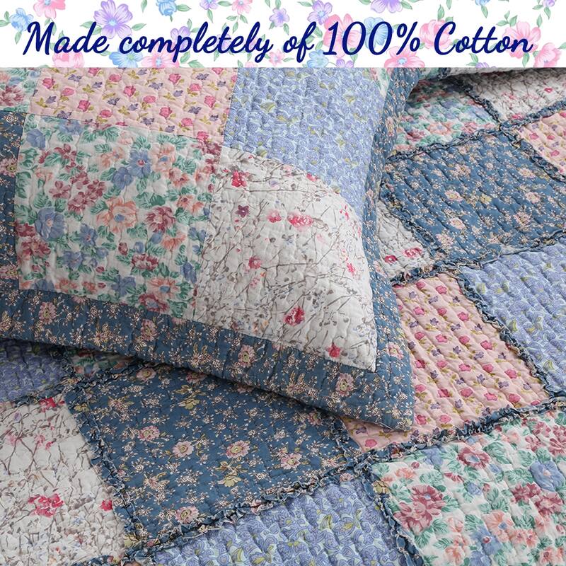 Cozy Line Aphrodite Patchwork Blue Floral 3 Piece Reversible Cotton Quilt Bedding Set