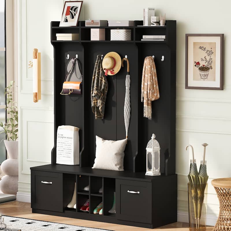 5-in-1 Coat Rack with Hooks,Drawers Adjustable Shelves,Metal Handles