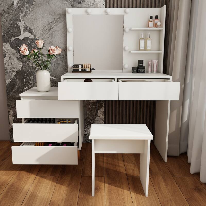 LED Light Makeup Vanity Table w/ Mirror,Drawers,Stool and Compartments