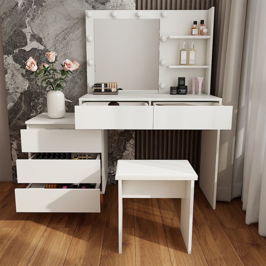 LED Light Makeup Vanity Table w/ Mirror,Drawers,Stool and Compartments