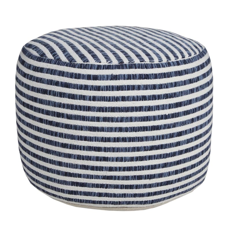 18" Blue and White Striped Round Pouf Ottoman