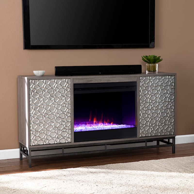 SEI Furniture Hampden Contemporary Gray Wood Media TV Stand with Color Changing Fireplace Insert and Storage
