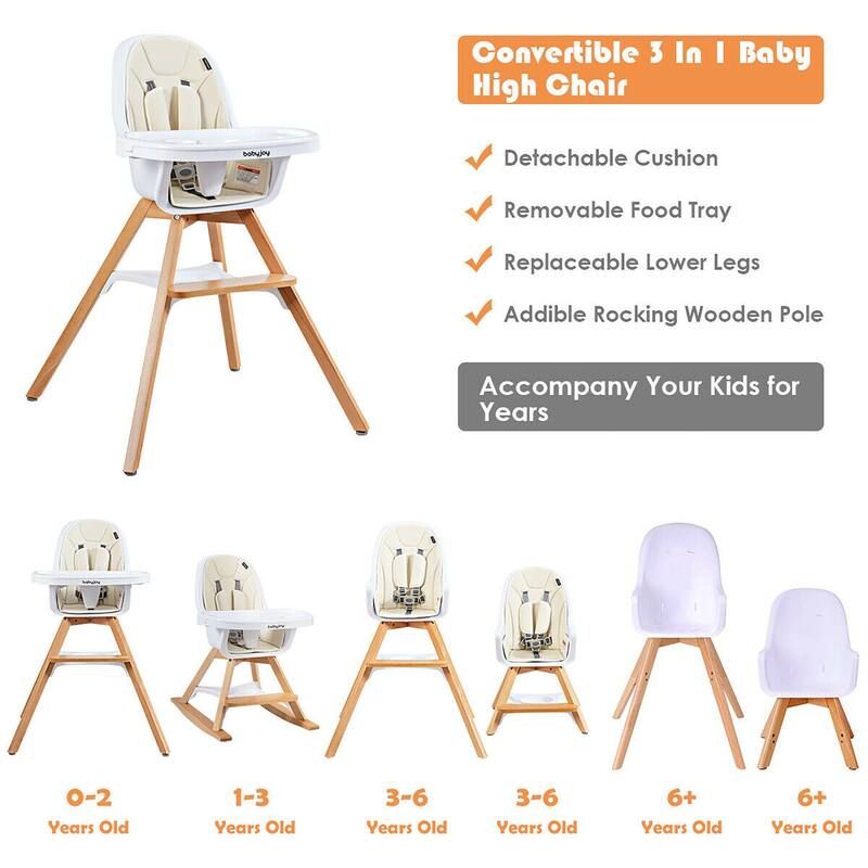 Costway 3-in-1 Convertible Wooden Baby High Chair w/ Tray Adjustable