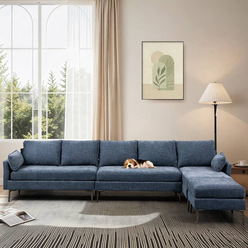 Modern Chenille Sectional Sofa with Reversible Chaise and Ottoman, Perfect for Living Rooms with Sleeper Function - Blue - Right Facing