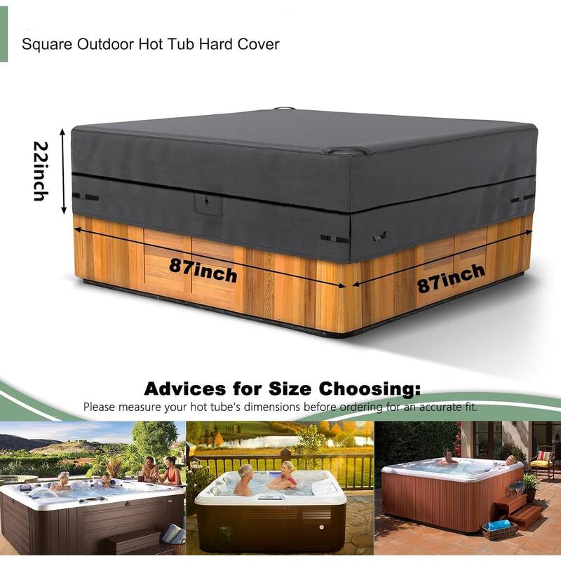 Heavy Duty 420D Waterproof Hot Tub Cover – Square Spa Protector, Fits 87"x87", Grey Outdoor Patio Replacement - 87"x87"x22"
