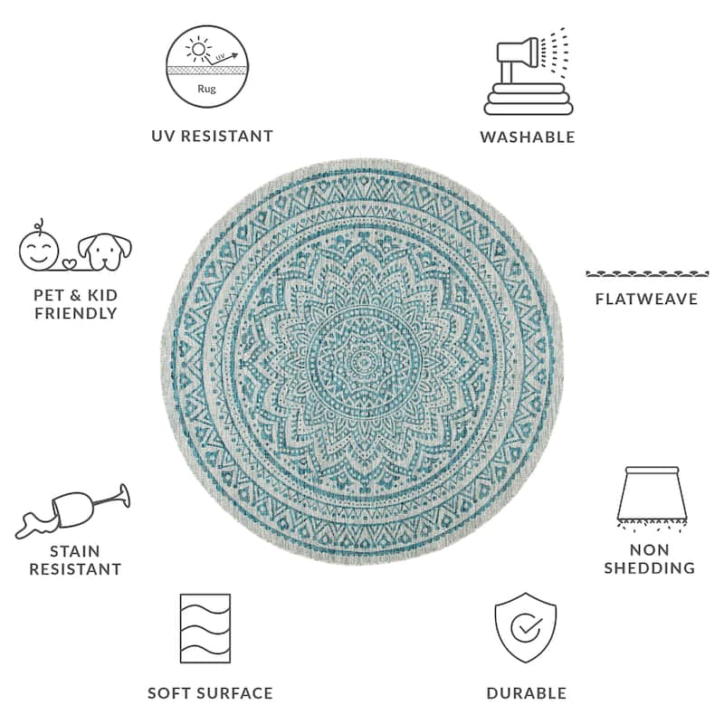 SAFAVIEH Courtyard Deepa Mandala Indoor /Outdoor Waterproof Patio Backyard Rug - 6'7" Round - Light Grey/Teal