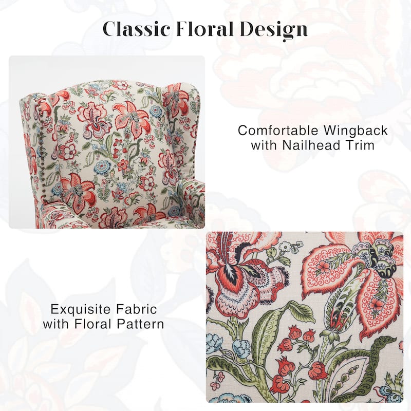 HOMYKA 29'' Wide Floral Pattern Wingback Accent Armchair with Nailhead Trim