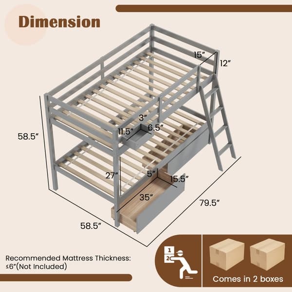 dimension image slide 1 of 2, Twin Over Twin Bunk Bed Wood Bed Frame with 2 Storage Drawers and Ladder-Gray