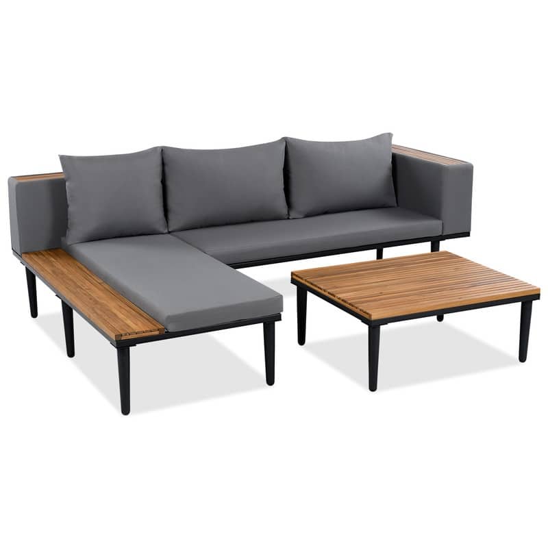 Patio L-Shaped Sectional Sofas with Wood Coffee Table, All-Weather-Used Outdoor Conversation Set with Storage Shelf
