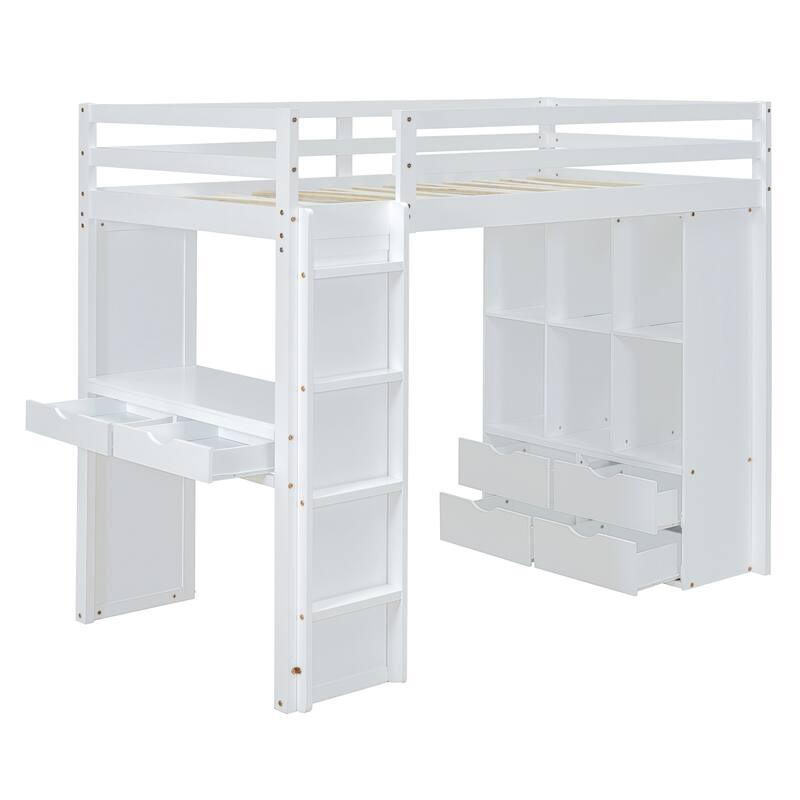 Solid Wood Loft Bed with large shelves, writing desk and LED Light for Bedroom