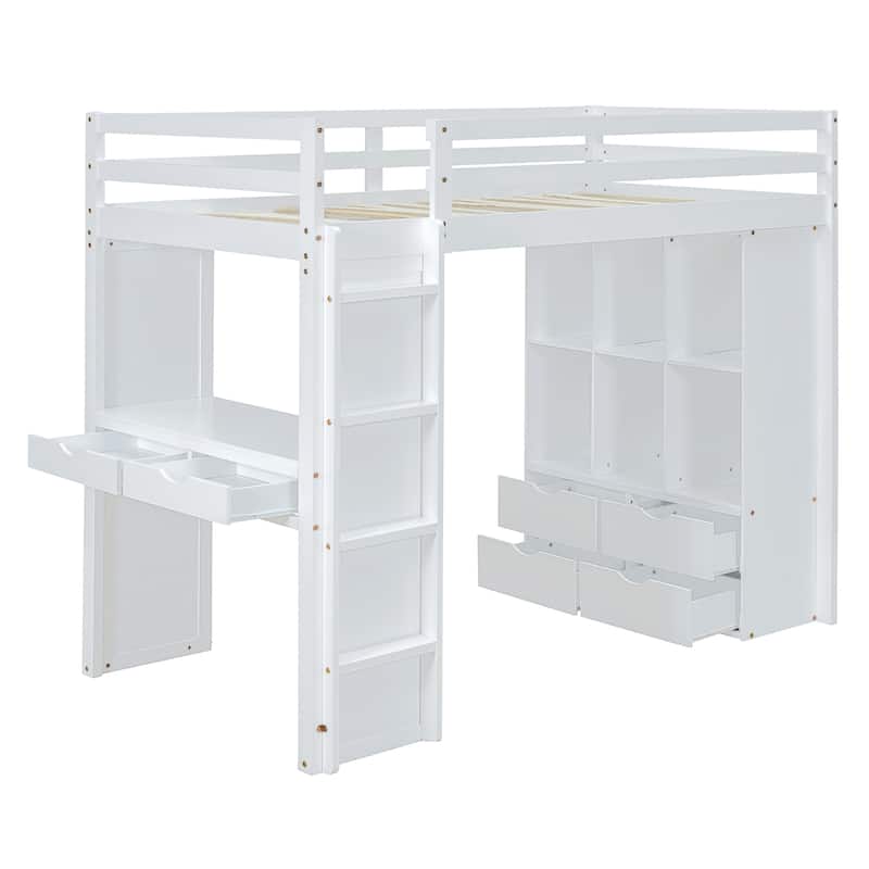 White Full Size Solid Wood Loft Bed with Shelves, Writing Desk, and LED Light