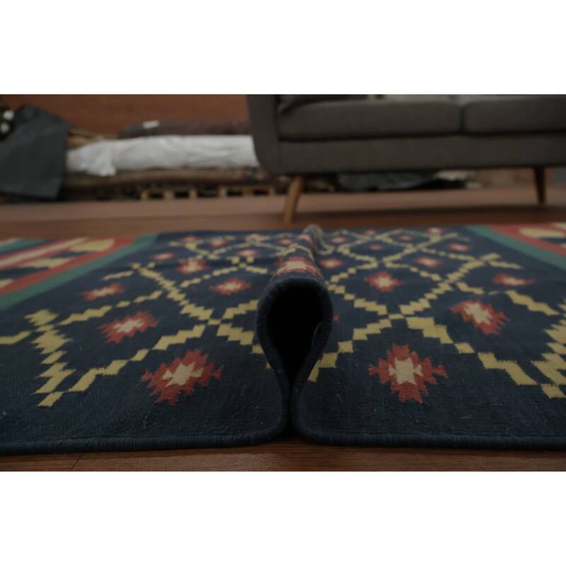 Hand Woven Oriental 100% Wool Carpet Southwestern Geometric Navy Blue & Blues Kilim Area Rug - 6' 2'' X 4' 3''