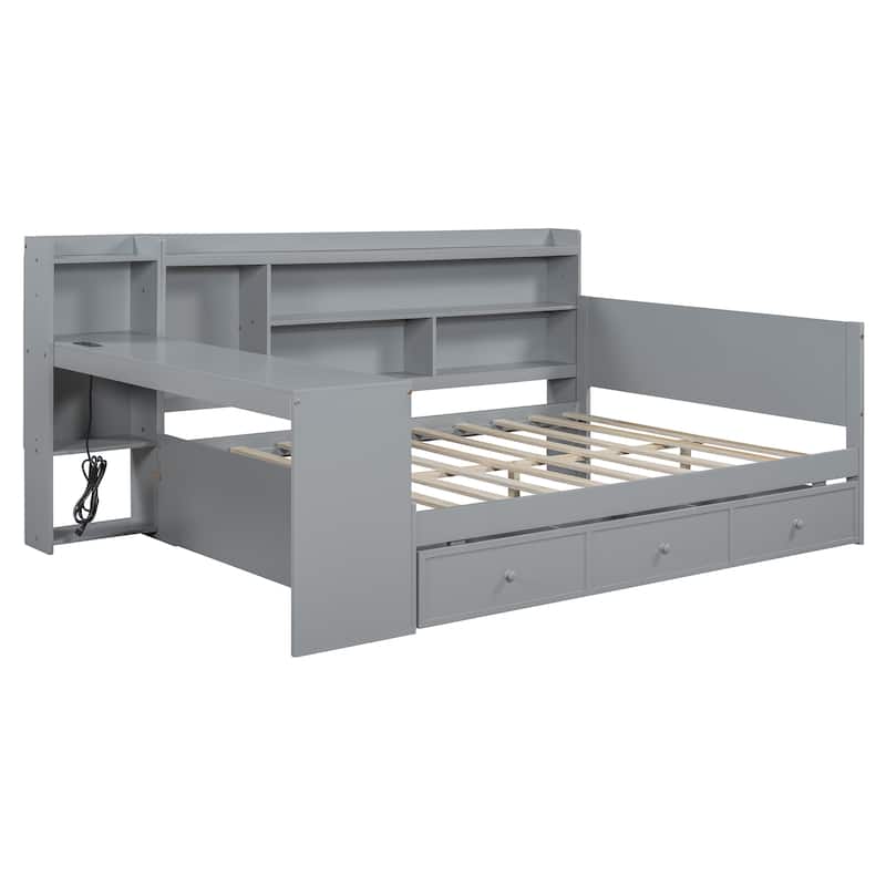 Full Size Daybed with 3 Storage Drawers & Shelves Headboard, Wooden Sofa Bed Frame with USB Ports and Desk, No Box Spring Needed