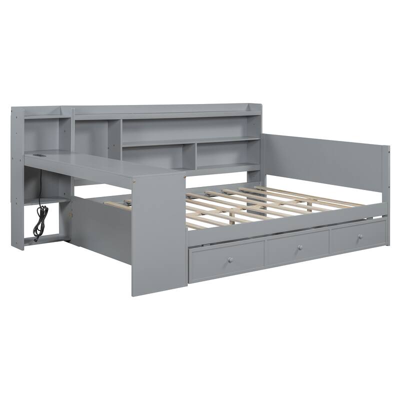 Full Size Wooden Daybed with Drawers, USB Ports, and Integrated Desk, Gray