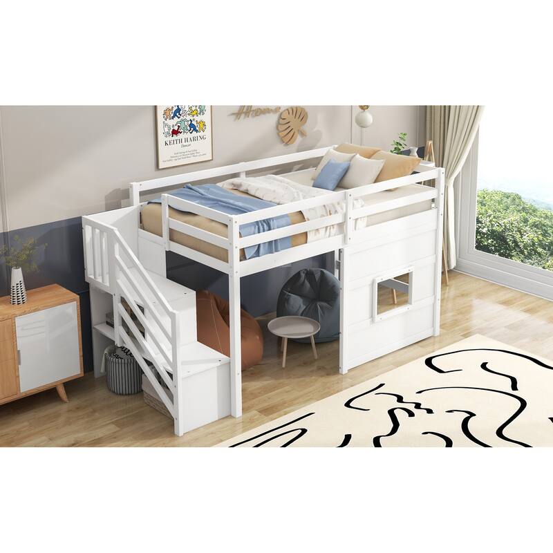 Twin Size Loft Bed with Storage Staircase and Underbed Window
