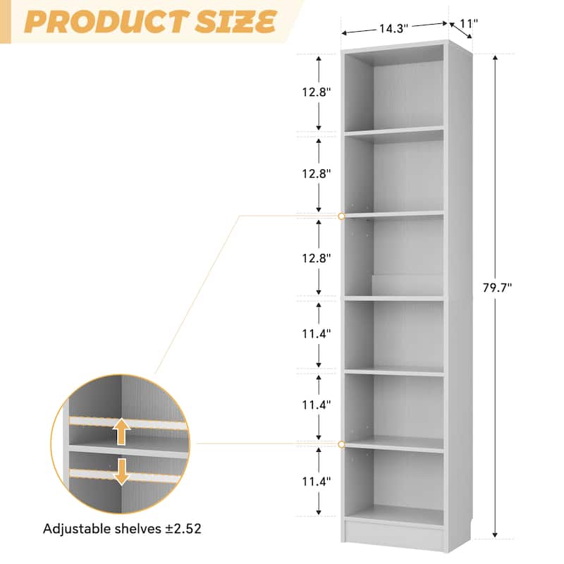 80"H Tall 6-Tier Bookcase With 2 Adjustable Shelves，Modern Open Storage Shelf for Home Office and Bedroom