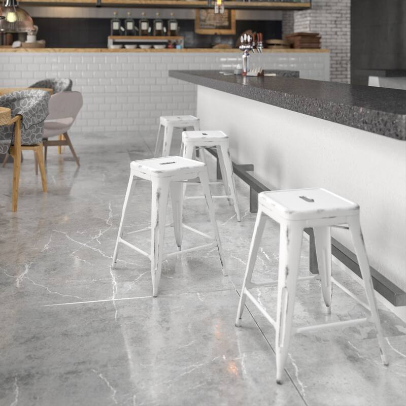24" High Backless Distressed Metal Indoor-Outdoor Counter Height Stool - White
