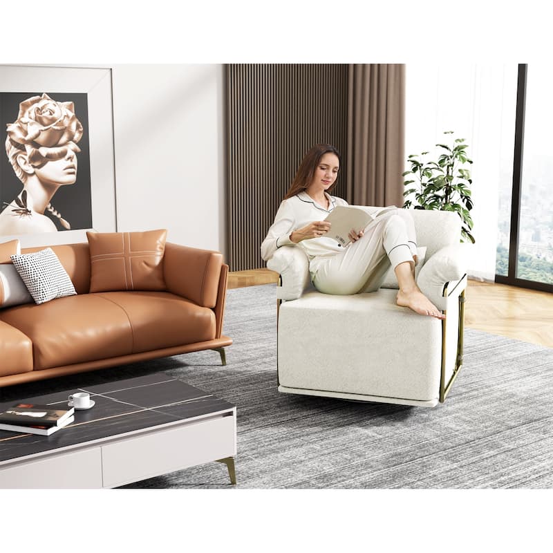 360° Swivel Accent Sofa Chair Fluffy Fabric Gold Legs Beige for Living Room