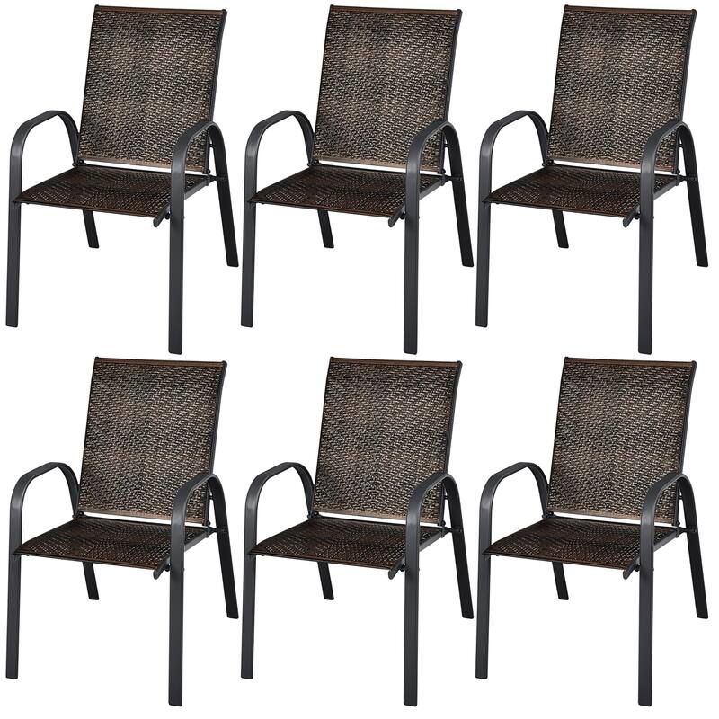 Costway Set of 6 Patio Rattan Dining Chairs Stackable Armrest Garden - See Details - Brown