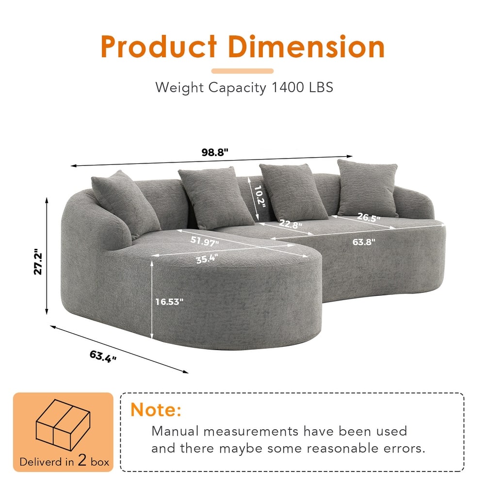 L-Shaped Sectional Sofa with Curved Chaise, Chenille Boneless Cloud Sofa, Modular 4-Seater Sofa with 4 Throw Pillows