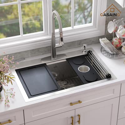Handmade All-in-One Drop-In 2-hole Single Bowl Stainless Steel Workstation Kitchen Sink with Spring Neck Faucet and Accessories