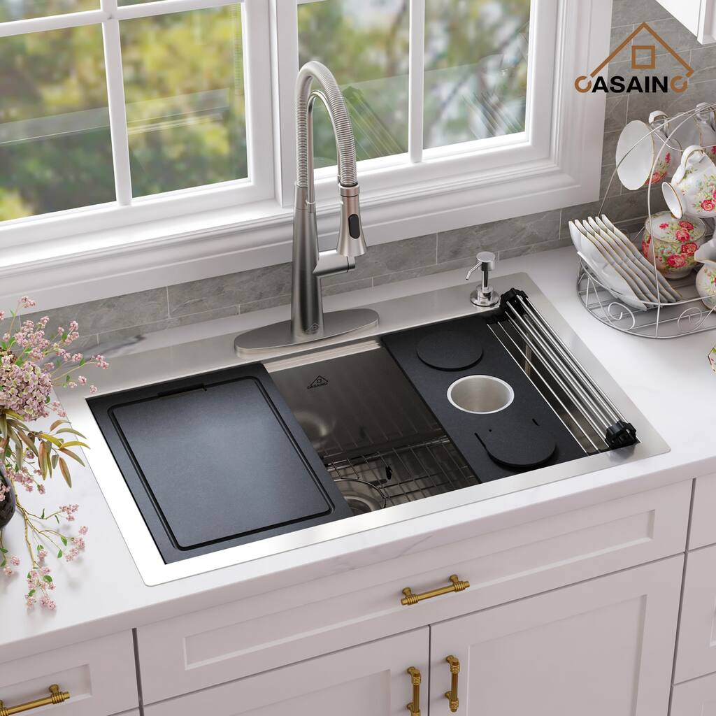 Handmade All-in-One Drop-In 2-hole Single Bowl Stainless Steel Workstation Kitchen Sink with Spring Neck Faucet and Accessories