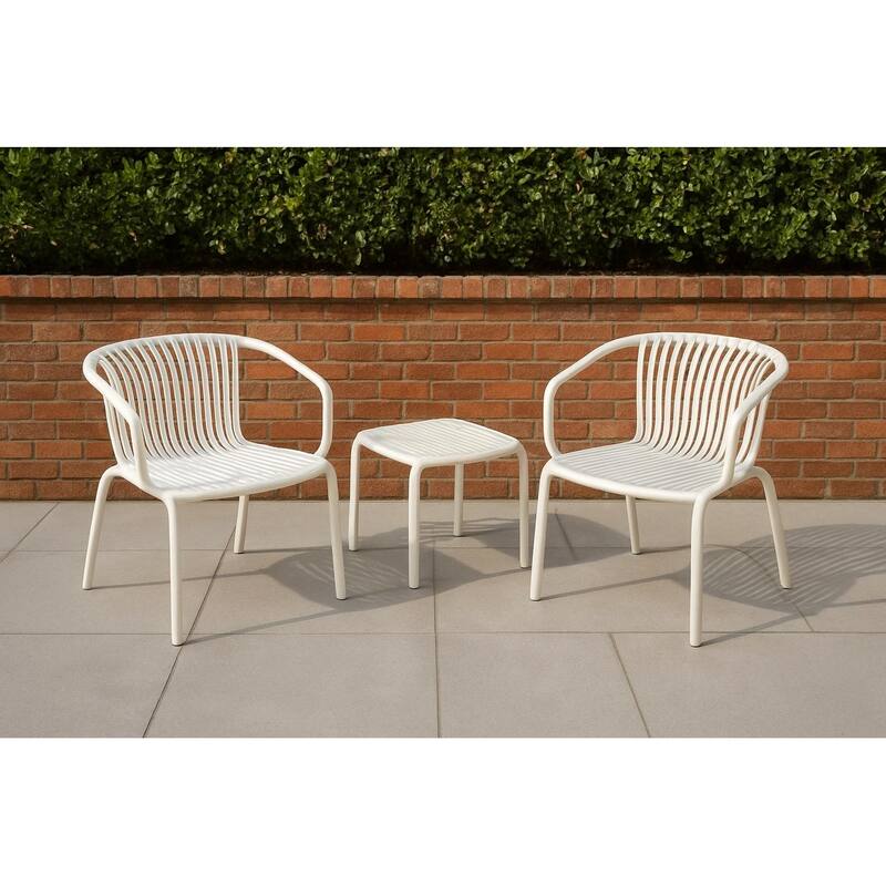 Brene 3-Piece Contract Grade Outdoor Chat Set with side table and 2 stackable lounge chairs. - Cream