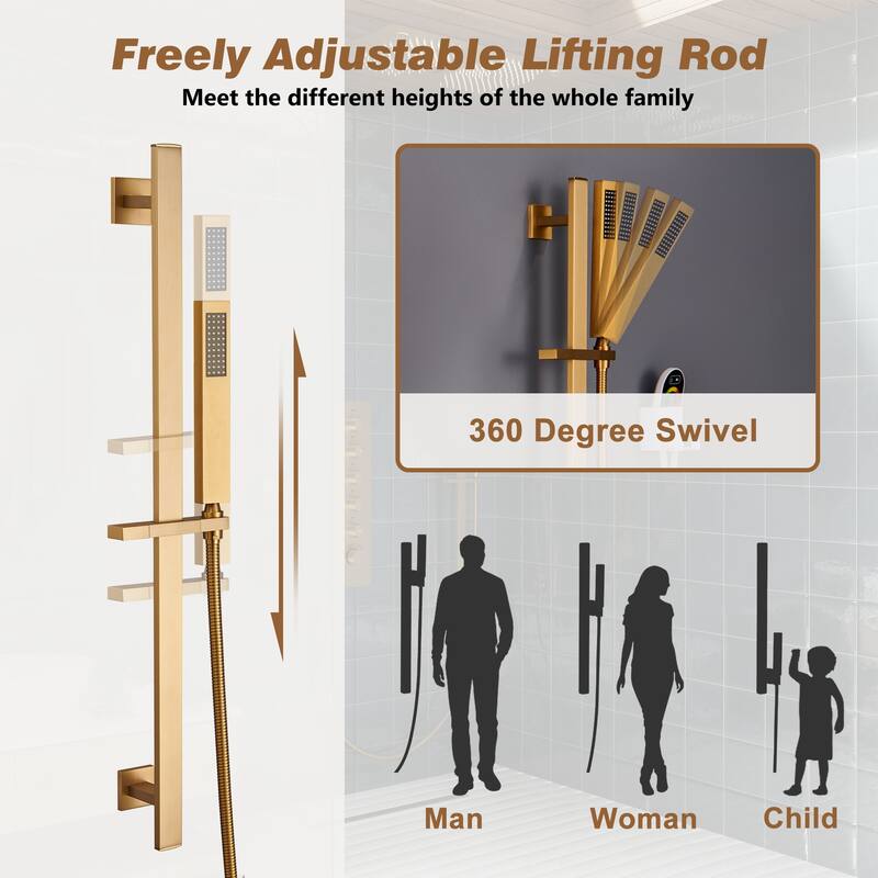 Luxury 5-Spray Patterns 28 in. Ceiling Mount Shower System with Handheld Shower Head, 3 Body Jets, LED, and Music - 16" x 28"