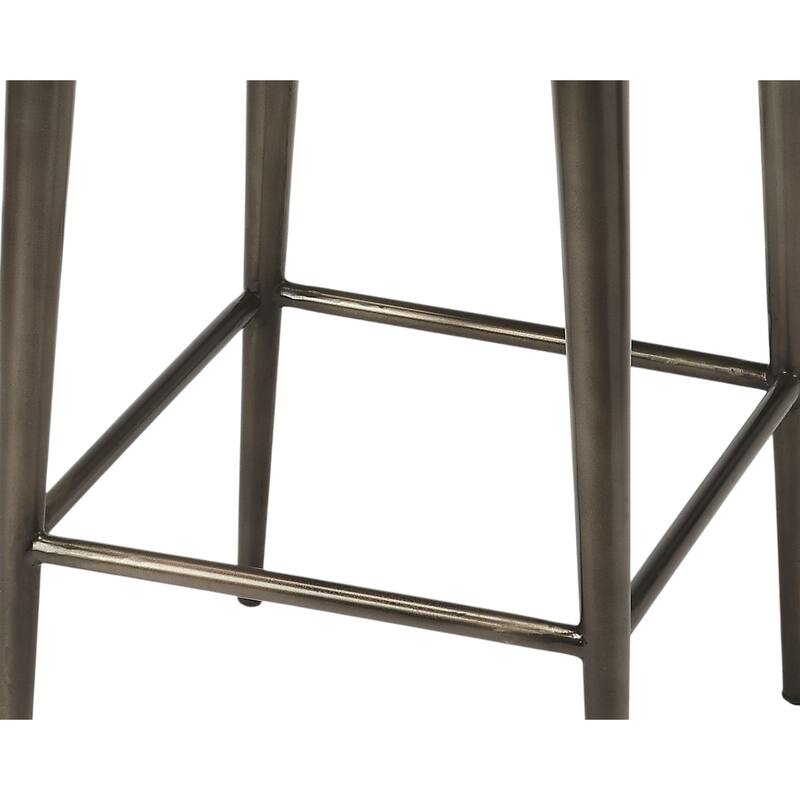 Brown-Grey Leather and Wood Backless Bar Stool with Iron Frame and Footrest - 17” L x 16” W x 32” H