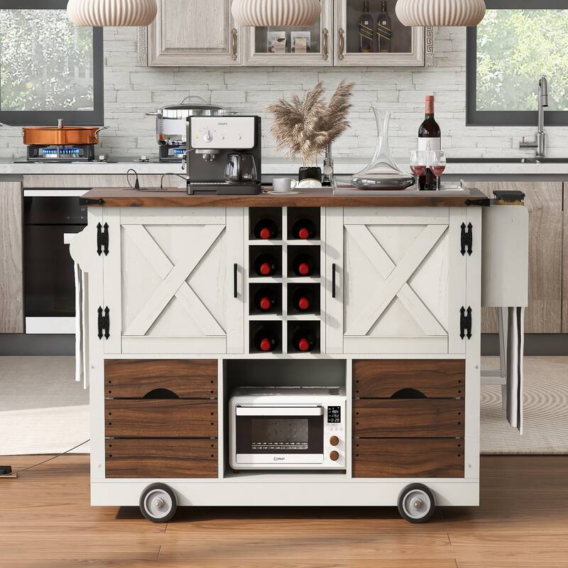 Roomfitters 54" Farmhouse Kitchen Island with Drop Leaf, Power Outlet, Wine Rack, 2 Drawers, 2 Doors