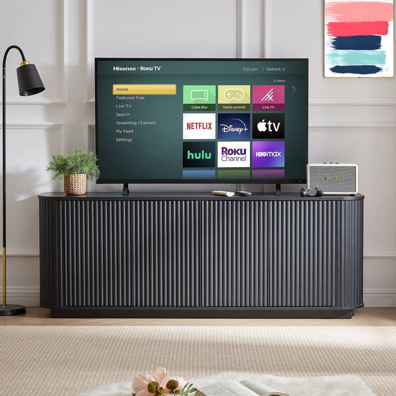 64-inch 4 Doors Cabinet TV Stand, Wooden Vertical Striped Cabinet, Curved Media Console Table with Storage & Adjustable Shelving