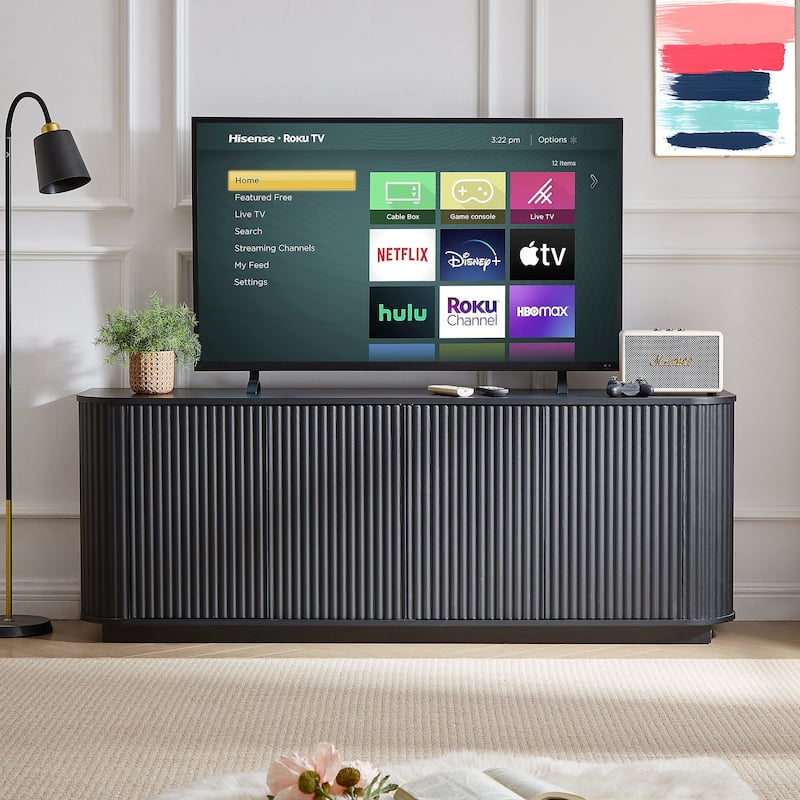 Sideboard Storage Cabinet TV Stand with Wave Pattern - Black