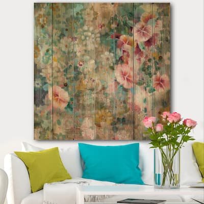 Designart 'Flower Shower III' Farmhouse Print on Natural Pine Wood - Multi-color